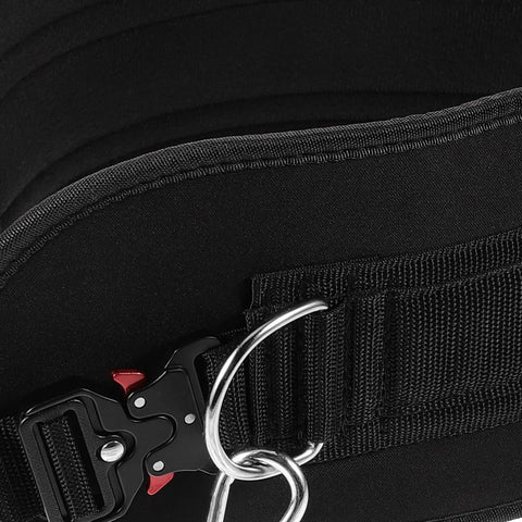 Close-up of Heavy Duty Weightlifting Waist Belt With Thickened Metal Chain, showing durable black material and metal buckle.