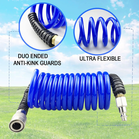 Flexible Polyurethane Recoil Air Hose, One Quarter Inch Inner Diameter, Ten Feet Blue With Bend Restrictor And Industrial Quick Coupler And Plug