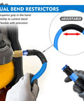 Heavy Duty Hybrid Air Compressor Hose Delivers Sweet Smooth Airflow And Rock Solid 300 Psi Pressure with adjustable dual bend restrictors.