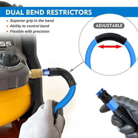 Heavy Duty Hybrid Air Compressor Hose Delivers Sweet Smooth Airflow And Rock Solid 300 Psi Pressure with adjustable dual bend restrictors.