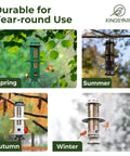 Squirrel Proof Bird Feeder With Weight Activated Perches, Heavy Duty Metal, Antique Copper Finish shown in different seasons.
