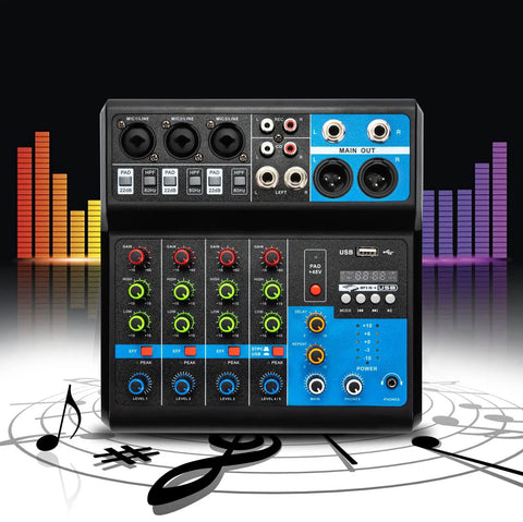 5 Channel Audio Mixer With Bluetooth USB MP3 Stereo 48V Phantom Power Pro DJ Mixing Console on musical graphic background
