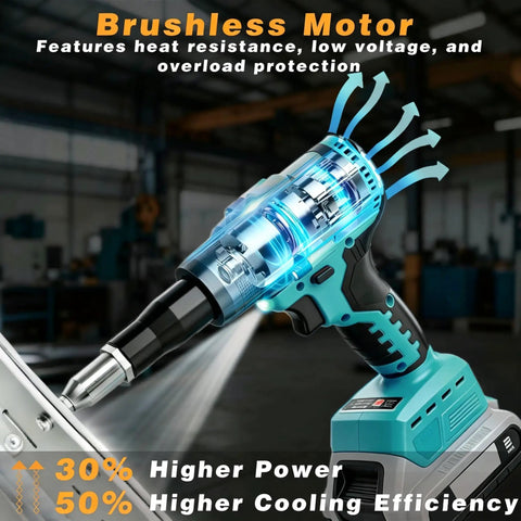 Beefed Up Cordless Rivet Gun With Brushless Power Automatic Pop Rivet Tool For 18V Max Batteries showing brushless motor features