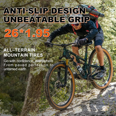 Mountain biker using 2-Pack 26 Inch Mountain Bike Tires And Tubes Set, 26x1.95 Folding Replacement Tires For Mountain Bikes, Puncture-Resistant