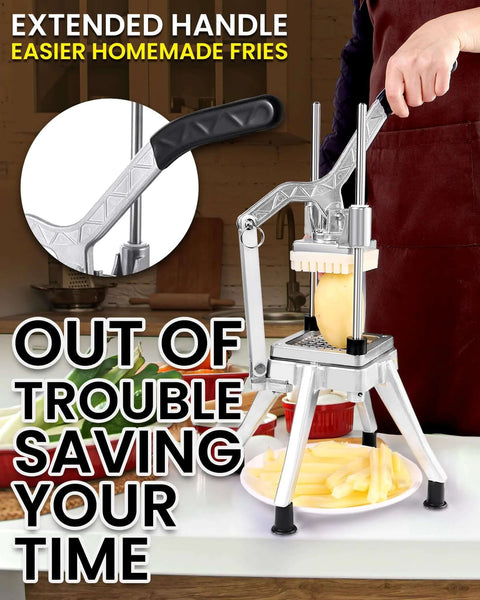 Ezcasch stainless steel commercial French fry cutter with extended handle and four blade options for potatoes