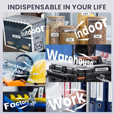 Real Deal Handheld Label Maker With Plug and Play Bluetooth Sync in use for organizing jars, tools, and files indoors and outdoors.