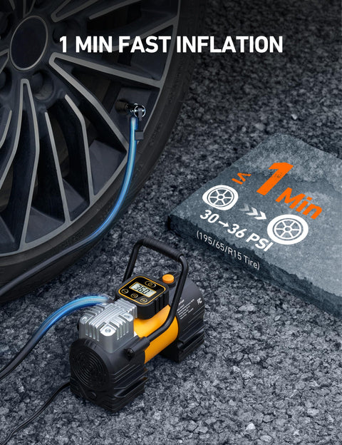 Portable Tire Inflator Air Compressor For Car And Bike 12V DC Digital Gauge Up To 150 PSI with tire and digital display.