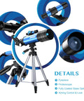 70mm Travel Astronomy Telescope With 400mm Focal Length And 70mm Aperture, K6 And K25 Eyepieces, 45 Degree Erect Diagonal, Adjustable Tripod, Phone Adapter, Great For Beginners And Stargazers, blue telescope on tripod details