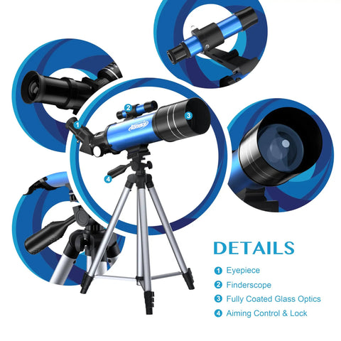 70mm Travel Astronomy Telescope With 400mm Focal Length And 70mm Aperture, K6 And K25 Eyepieces, 45 Degree Erect Diagonal, Adjustable Tripod, Phone Adapter, Great For Beginners And Stargazers, blue telescope on tripod details
