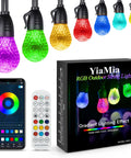 Multicolor RGB outdoor string lights with remote and app control, displayed alongside packaging box and color selection interface.