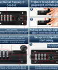 Setup instructions for Two Pack Thickened Zinc Alloy Combination Barrel Bolt With Password Setting, highlighting 4-wheel digital code.