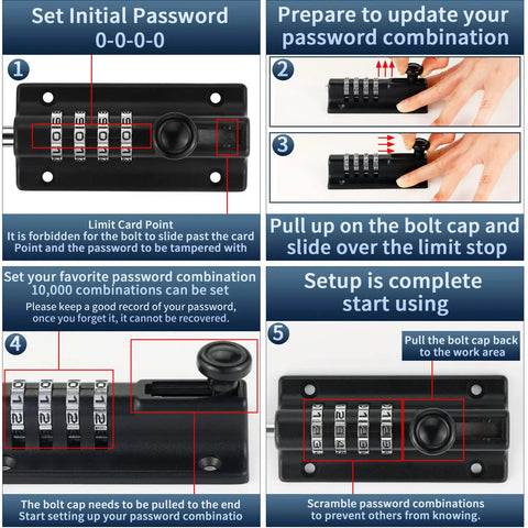 Setup instructions for Two Pack Thickened Zinc Alloy Combination Barrel Bolt With Password Setting, highlighting 4-wheel digital code.