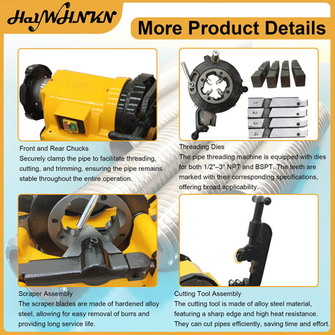 Heavy Duty Electric Pipe Threader Cutter Machine That Makes Short Work Of Steel Copper And Galvanized Pipe Up To 3 Inches with chuck and threading dies.