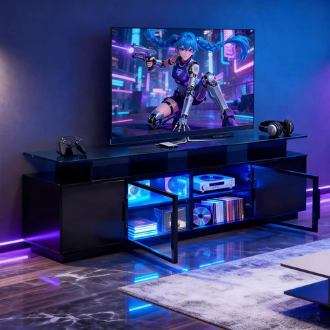 70 Inch Black TV Stand With Ambient LED Lights For Living Room featuring open glass doors and gaming console setup