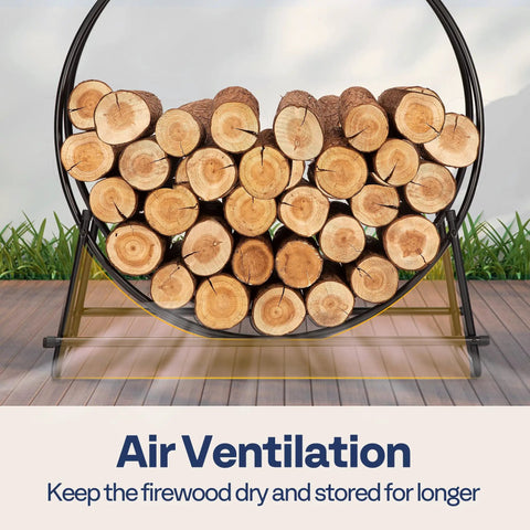 32 Inches Firewood Log Rack Hoop With Cover Built Tough Heavy Duty Solid Steel Storage Rack filled with stacked logs displayed on a patio.