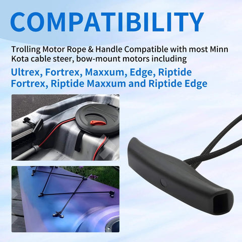 2 Pack MKA 45 Trolling Motor Rope And Handle for Minn Kota Maxxum and Edge motors, shown with durable black handle and compatibility info