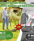Woman using Beefy 13 Inch Dethatching Rake With 55 Inch Handle, Dual Sided Lawn Rake for garden maintenance and back relief.