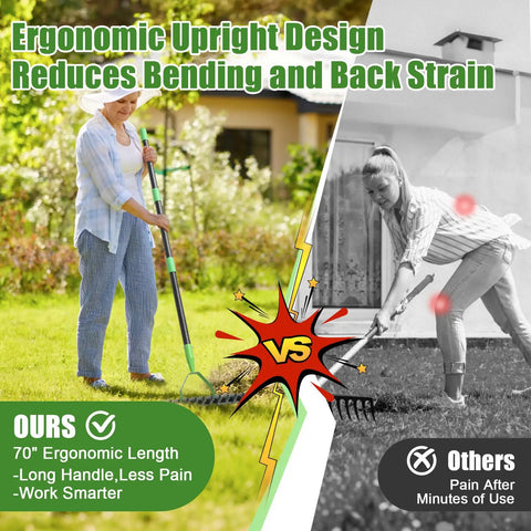 Woman using Beefy 13 Inch Dethatching Rake With 55 Inch Handle, Dual Sided Lawn Rake for garden maintenance and back relief.