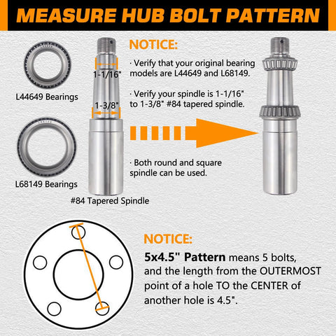 Trailer hub kit diagram showing two bearing types L44649/L68149, the #84 tapered spindle and 5x4.5 bolt pattern