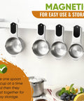 Magnetic Measuring Cups And Spoons Set With Heavy Duty Stainless Steel N45 Magnets BPA Free mounted on wall for storage