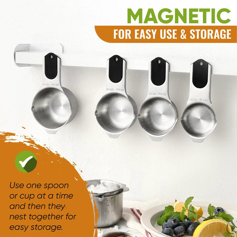 Magnetic Measuring Cups And Spoons Set With Heavy Duty Stainless Steel N45 Magnets BPA Free mounted on wall for storage