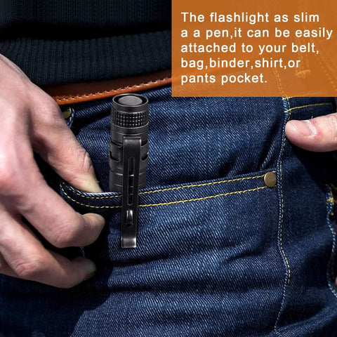 Person clipping Six Piece LED Pen Lights With Clip Pocket Flashlights For Handy Checks onto denim jeans pocket