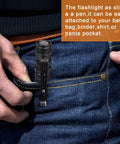 12 Pack Mini LED Pen Flashlights With Clip shown clipped to a jeans pocket, highlighting portability and compact design.