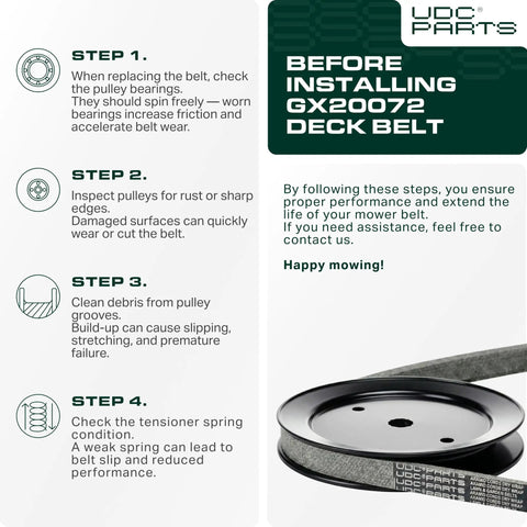 Before installing GX20072 deck belt, follow step-by-step guide for maintenance and inspection of pulleys and spring condition.