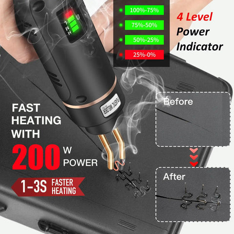 Close-up of 70W Hot Stapler Plastic Welding Kit in use with power indicator and before-after welding results.