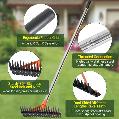 Must Have Thatch Rake For Lawns 18 Sharp Tempered Spring Steel Tines With 62.5 Inch Adjustable Stainless Steel Handle Heavy Duty Dethatching Rake For Dead Grass Yard Care Garden Lawn Maintenance