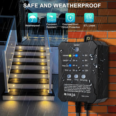 Smooth Dimmable LED Deck Lights With Timer And Photocell Sensor, 20 Pack Recessed Light Kits shown on outdoor steps in rain