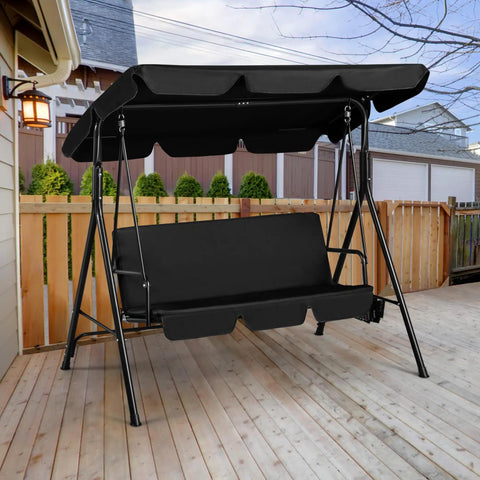 3-Seat Patio Swing Chair With Adjustable Canopy And Removable Cushions Outdoor Cozy Glider Lounge For Patio Garden Yard Porch Weatherproof Frame Sturdy Steel Construction Black on a wooden deck