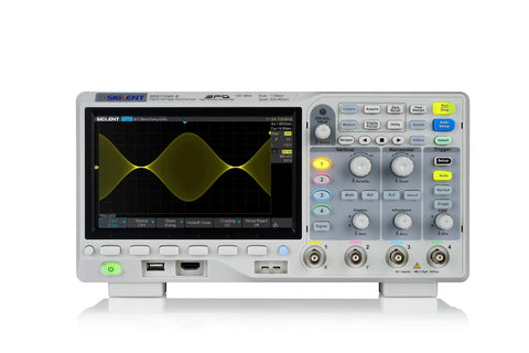 SDS1104X-E 100MHz 4-Channel Digital Oscilloscope With Standard Decoders I2C SPI UART RS232 CAN LIN, front view, gray
