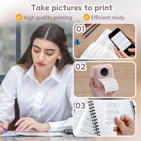 No Sweat Portable Mini Sticker Printer And Slick Inkless Thermal Maker With Effortless Bluetooth Sync For Quick Journaling Labels showing printing process steps.