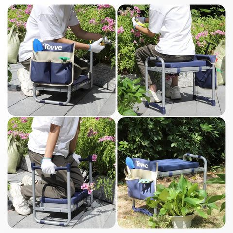 Four images of Foldable Garden Kneeler And Seat 2 In 1 Heavy Duty Bench With 10 Inch Wide Detachable Kneeling Pad Portable Garden Stool