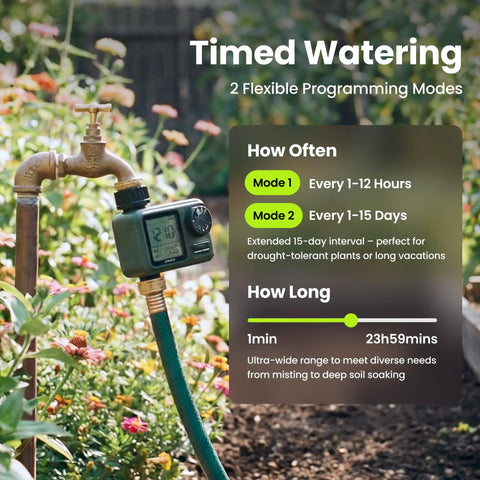 Programmable Garden Hose Sprinkler Timer with Two Outlet Controller and Large Dial installed on outdoor faucet.