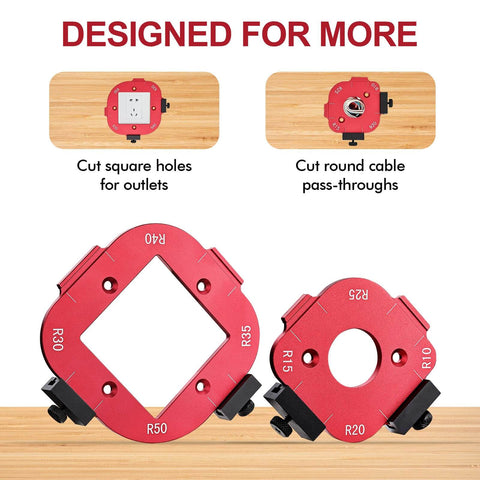 2 Pack Router Corner Radius Template Kit All Metal Aluminum Jig For Woodworking 8-In-1 Arc Guide Set R10 To R50 showing square and round cutouts