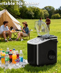 Quick Freeze Countertop Ice Maker Portable Machine With Scoop And Basket Churns 26 Pounds Daily Ready In 6 Minutes Two Cube Sizes For Home Kitchen Party Setup No Sweat Operation And Keep It Frosty on grass with drinks.