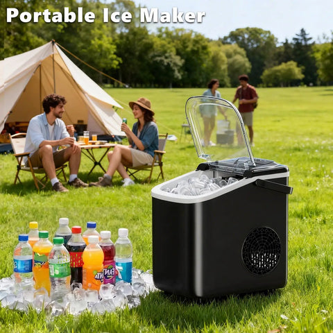 Quick Freeze Countertop Ice Maker Portable Machine With Scoop And Basket Churns 26 Pounds Daily Ready In 6 Minutes Two Cube Sizes For Home Kitchen Party Setup No Sweat Operation And Keep It Frosty on grass with drinks.