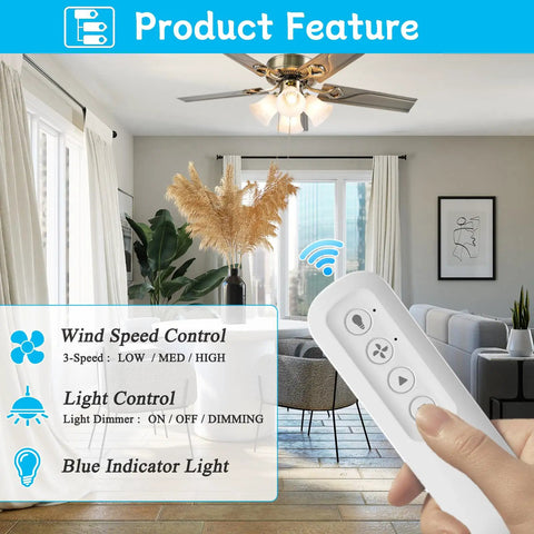 Universal Ceiling Fan Remote Kit With Receiver 3 Speed Remote With Dimmer Replacement For Most Brands No Fuss Setup Easy Install Works With Hampton Bay Westinghouse Honeywell And More in living room with hand holding remote