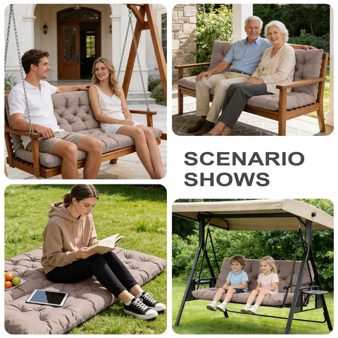 Waterproof Outdoor Swing Cushions For 3 Seater With Backrest, Thickened Bench Cushions With Ties in multiple settings