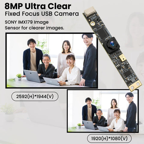 8MP USB Webcam With Microphone Crystal Clear 3264x2448 Ultra HD No Fuss 105 Degree Wide Angle Lens Plug And Play Computer Camera For LightBurn Laser Engraver Raspberry Pi Laptop And CCTV Security. Image of 8MP USB camera with internal components visible, shown with group of people, highlighting image clarity.