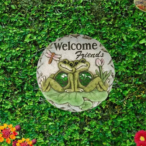 Frog Garden Stepping Stone With Welcome Friends Message, 1.2 Inch Low Profile Concrete Plaque, Artisan Crafted Walkway Accent