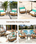 Four settings showing Three Piece Outdoor Bistro Set With 360 Swivel Rocking Chair And Two Tier Solid Acacia Wood Sliding Coffee Table White Six Inch Cushions For Backyard Or Poolside Vibes.