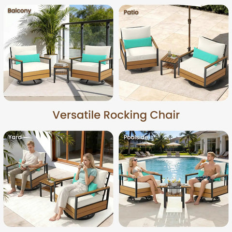 Four settings showing Three Piece Outdoor Bistro Set With 360 Swivel Rocking Chair And Two Tier Solid Acacia Wood Sliding Coffee Table White Six Inch Cushions For Backyard Or Poolside Vibes.