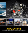 60 Amp DC Circuit Breaker for Marine and Automotive Systems IP67 Waterproof 12V to 48V Manual Reset Switch with application examples