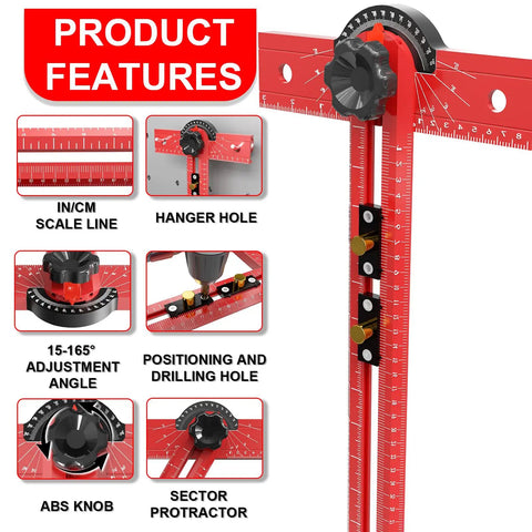 Features of No Fuss Heavy Duty 29 Inch Woodworking T Square With Adjustable 15 To 165 Degree Angle, solid aluminum layout tool.