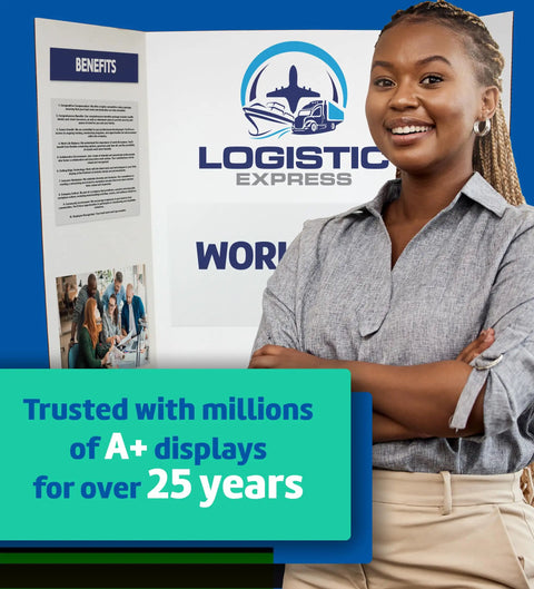 36 Inch By 48 Inch Project Boards For Presentations And Science Fairs White Trifold Poster Displays For School Projects And Event Booths Made In USA 4 Pack Killer For Classrooms with a woman smiling next to the board.
