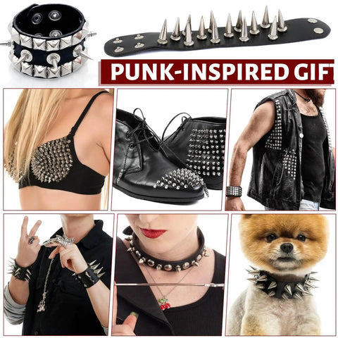 600 Piece Punk Spikes And Studs Kit For Leather Craft And DIY Clothing on jackets, shoes, bracelets, and dog collar in punk style