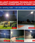 Beast 1000W Solar Street Light Outdoor Flood Light 80000 Lumens illuminating farm, basketball court, street, pool, balcony in rain.